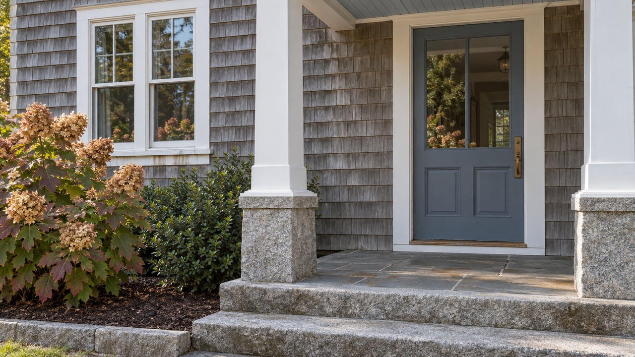 Silver-gray shingled home entry with a blue-gray glazed door, granite steps, bluestone landing, and autumn oakleaf hydrangea.