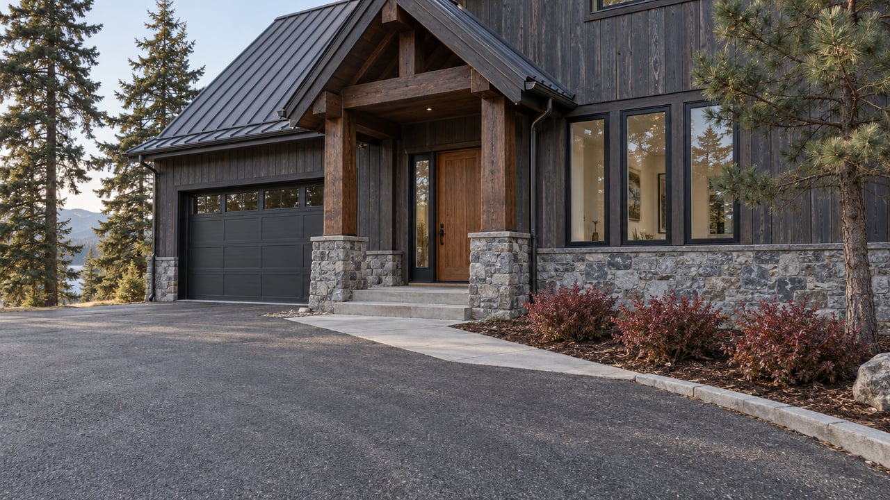 Charcoal-clad hillside home with a timber-covered entrance, stone base and broad driveway in autumn morning light.