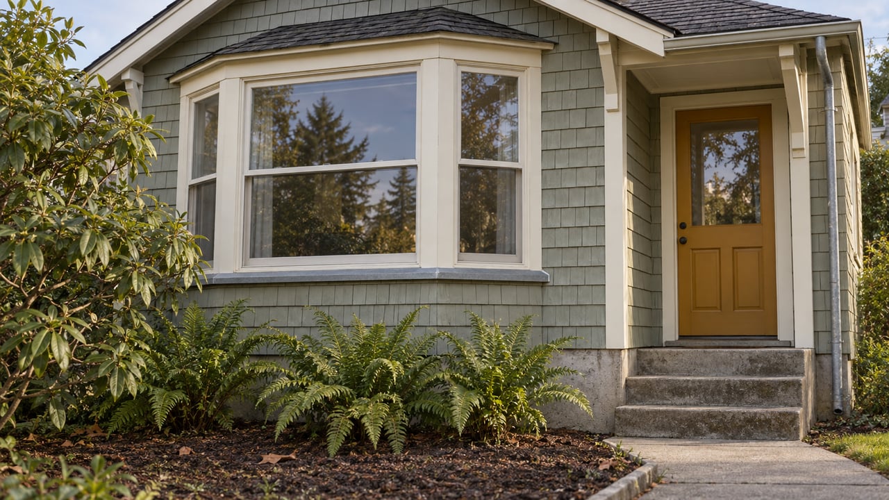 Sage-shingled cottage with cream bay windows, an ochre front door and sword ferns in a neatly edged garden.