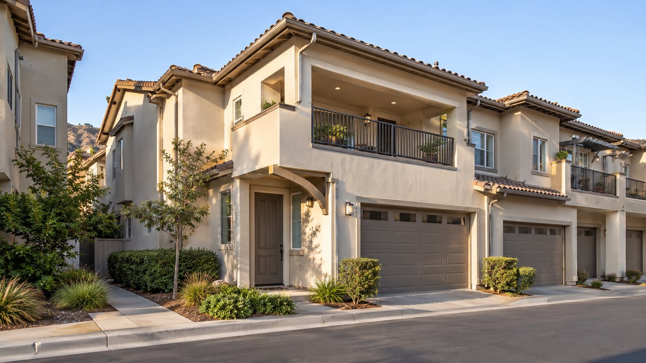 A San Luis Obispo County condominium exterior clearly shows its private entry, attached garage, upper balcony, and defined residential setting.