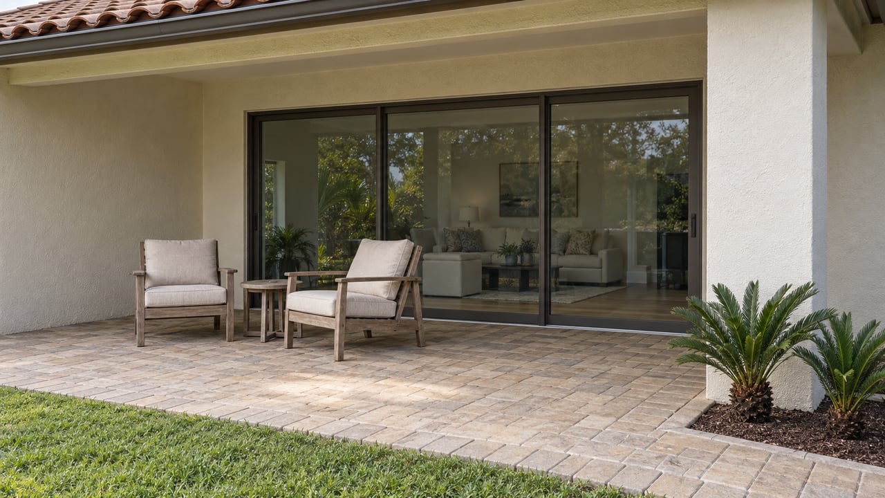 Covered rear patio of a cream stucco home with terracotta roof tiles, two teak chairs, sliding glass doors, and a neatly edged lawn.