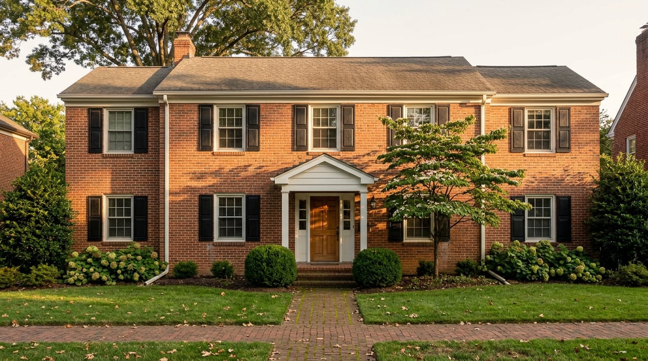 Two-story red-brick colonial with black shutters, white-columned entry, clipped boxwoods, and a brick walkway.
