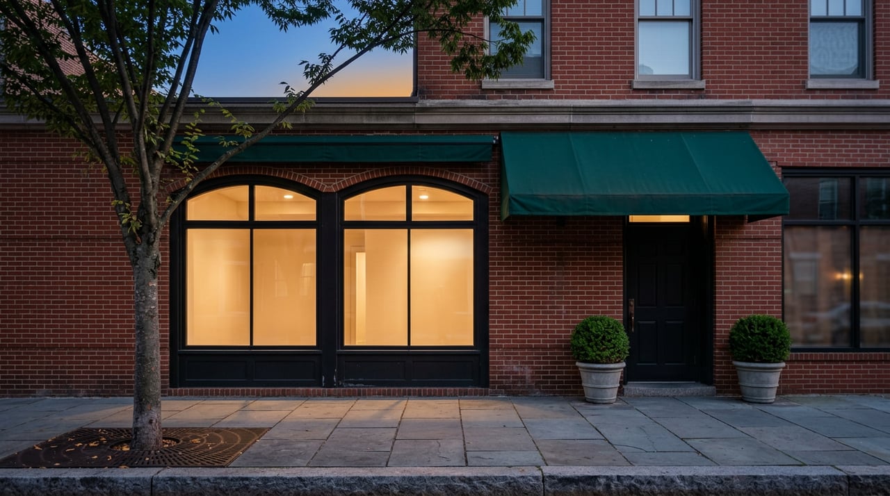 Brick rowhouse storefront with arched black-steel windows, green awning, and warm light beneath a cobalt dusk sky.