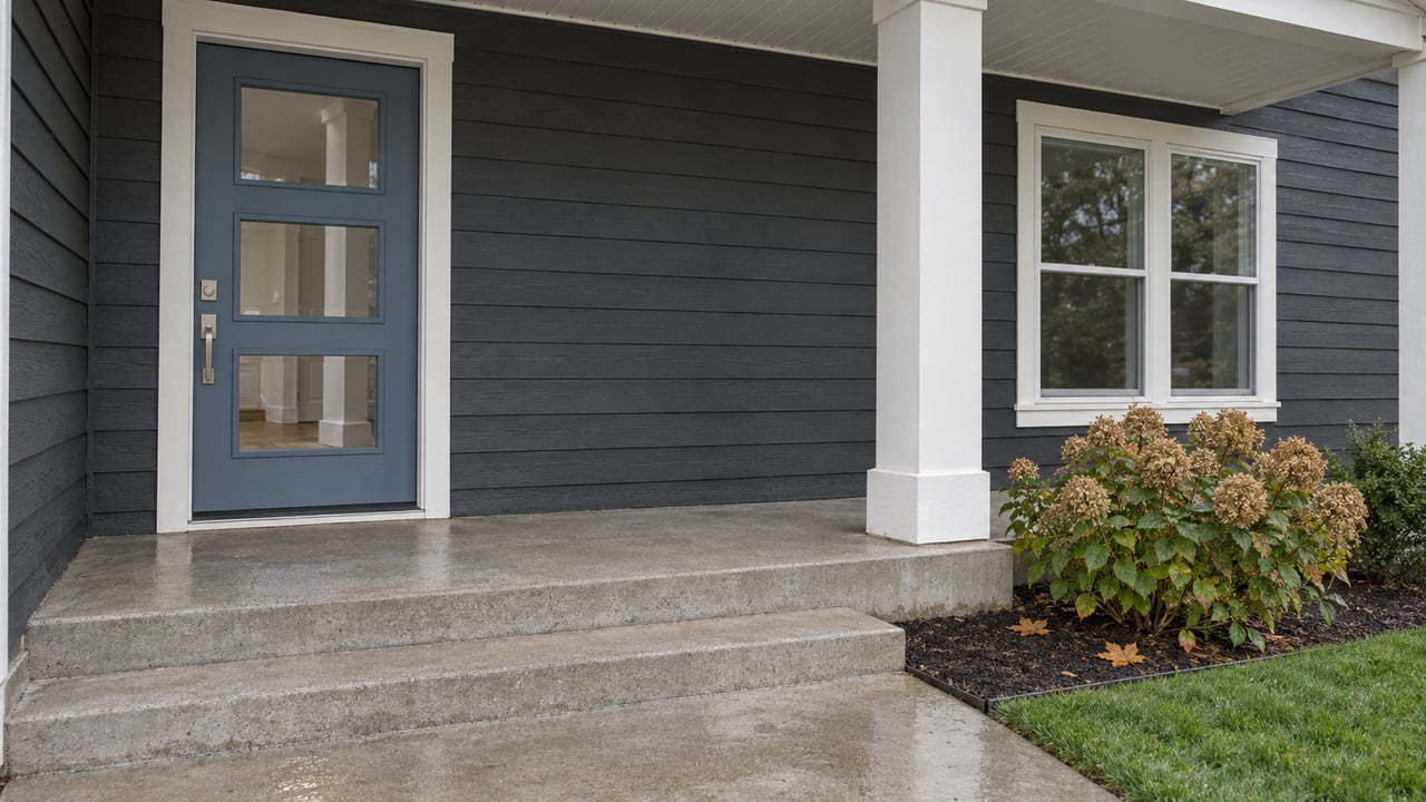 Covered home entry with a blue glazed door, charcoal siding, white porch column and damp concrete steps beside a small lawn and dried hydrangea flowers.