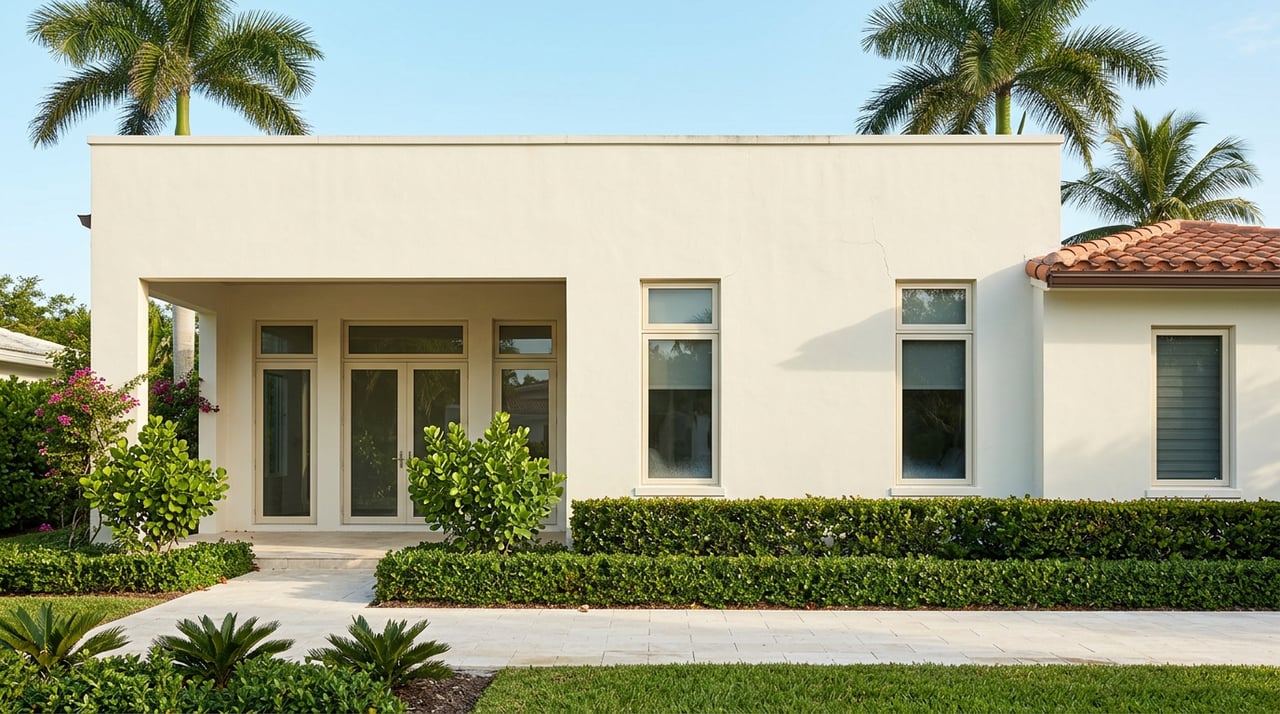 White stucco coastal home with a glass-doored loggia, palm trees, and a limestone walkway.