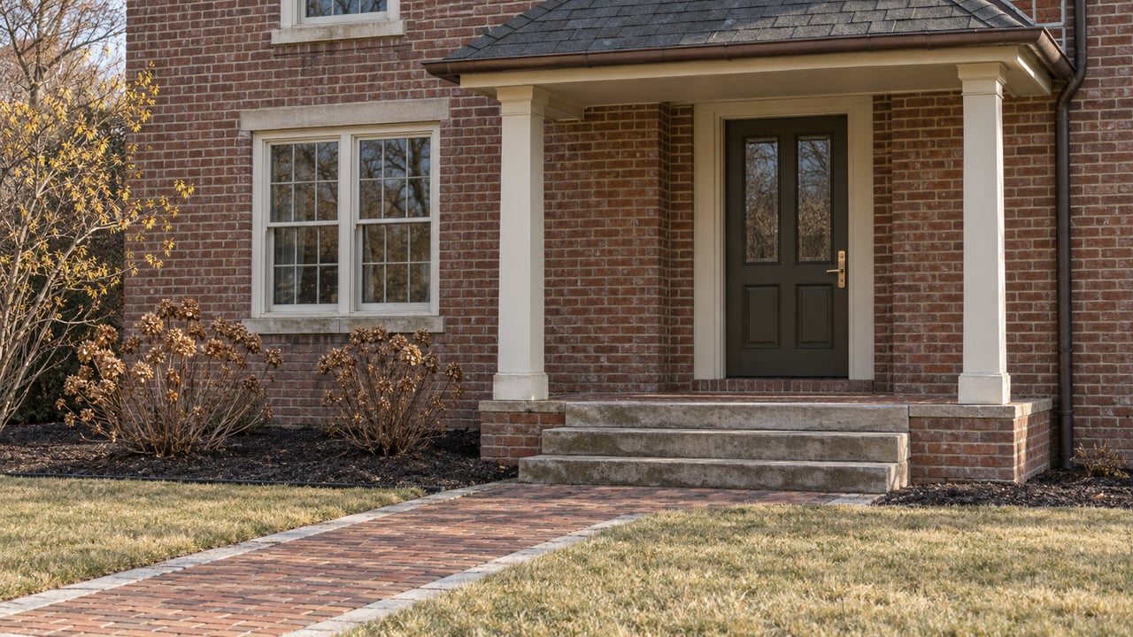Winter sunlight on a brick home's sheltered olive front door, limestone steps and dormant garden.
