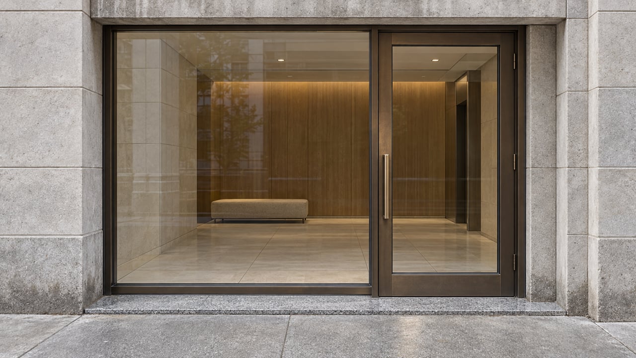 Gray stone residential entrance with bronze-framed glass, an enclosed lobby and a worn granite threshold.