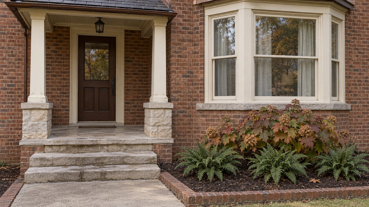 Brick home entrance with cream-painted porch supports, limestone steps, a three-panel window bay, and oakleaf hydrangea in an edged garden bed.