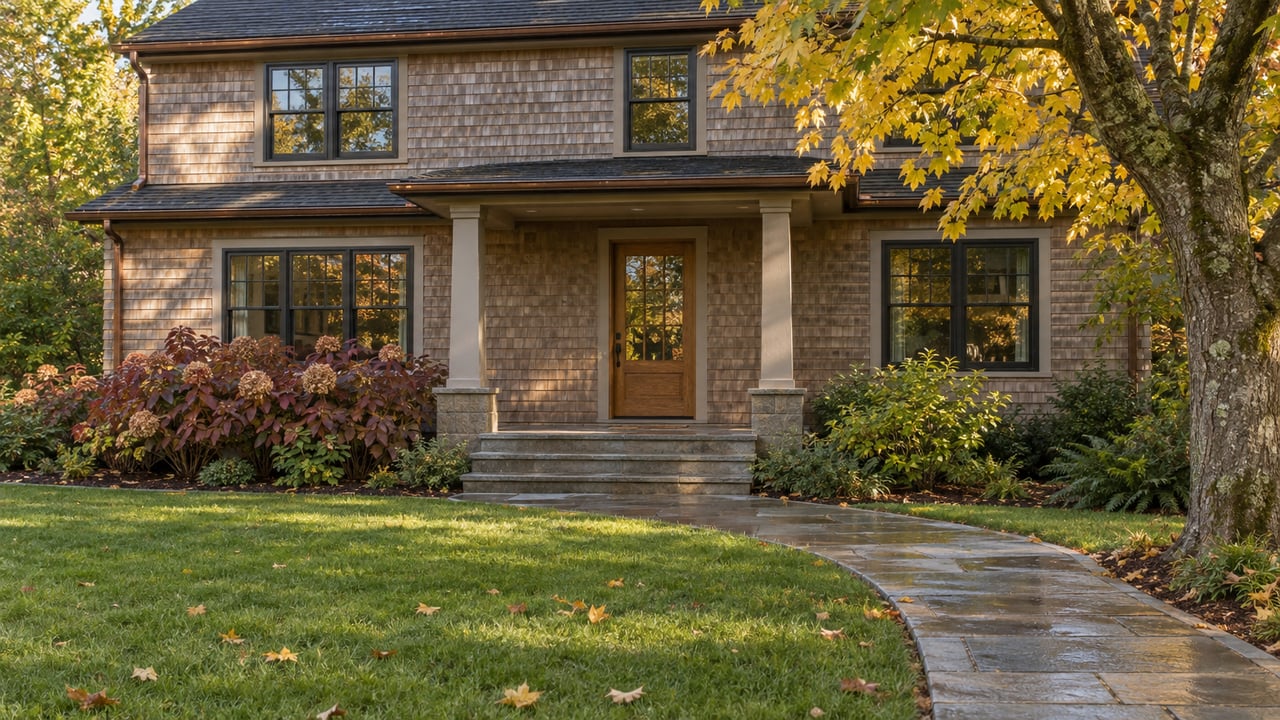 Cedar-shingle home with black sash windows, a sandstone entry path, and an autumn maple beside a deep front lawn.