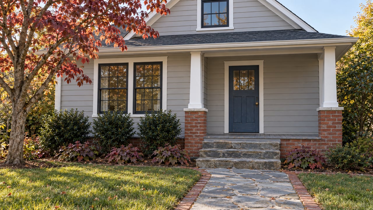 Gray lap-sided home with a steep gable, white porch columns, an indigo front door, and a stone path through an autumn garden.