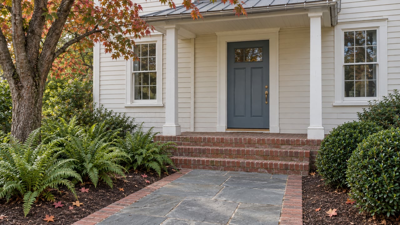 Cream clapboard house with a blue-gray front door, brick porch steps and a slate path bordered by autumn planting.