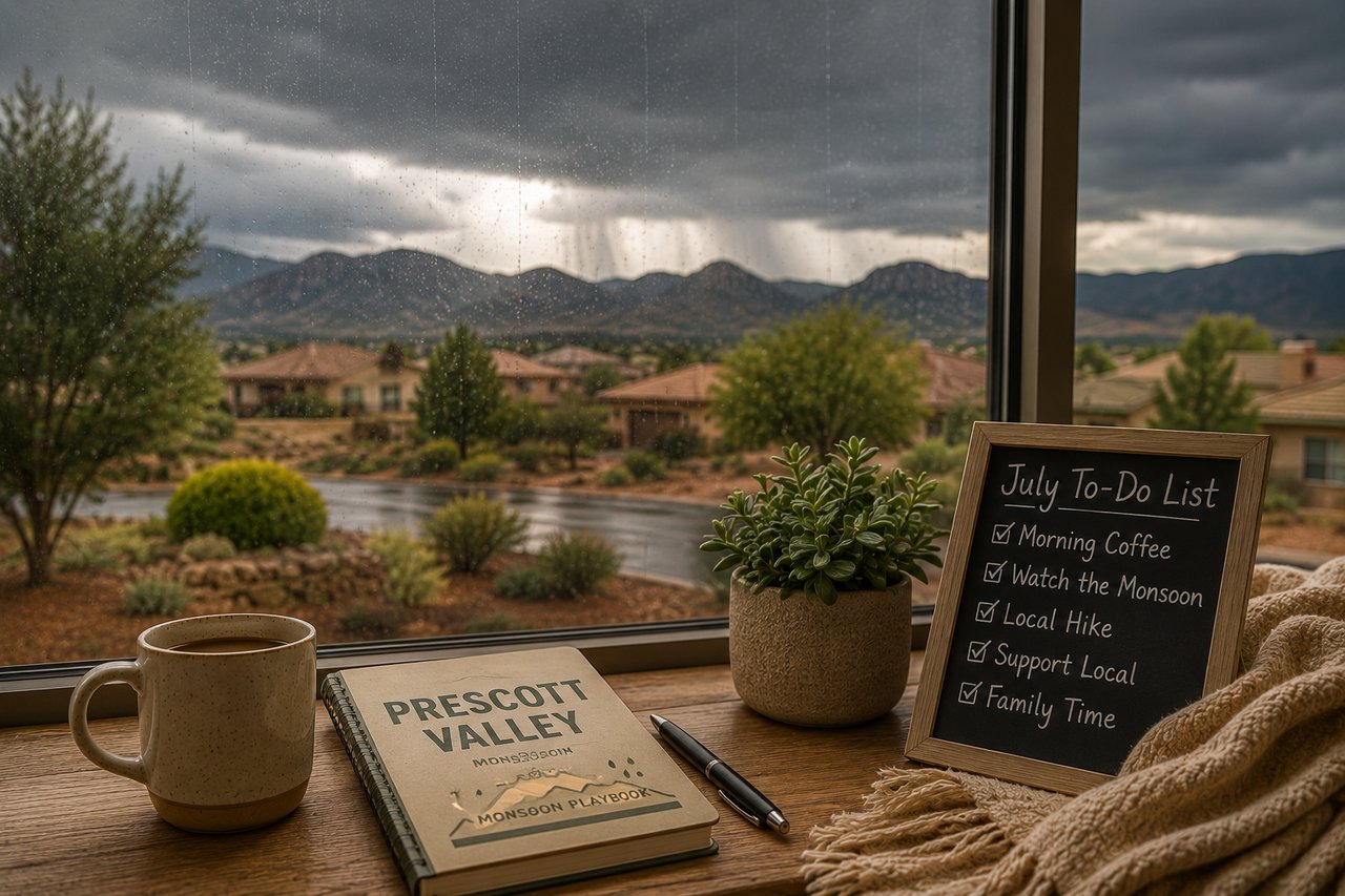 Window view of a Prescott Valley monsoon with coffee, notebook, and a cozy home on a July afternoon.
