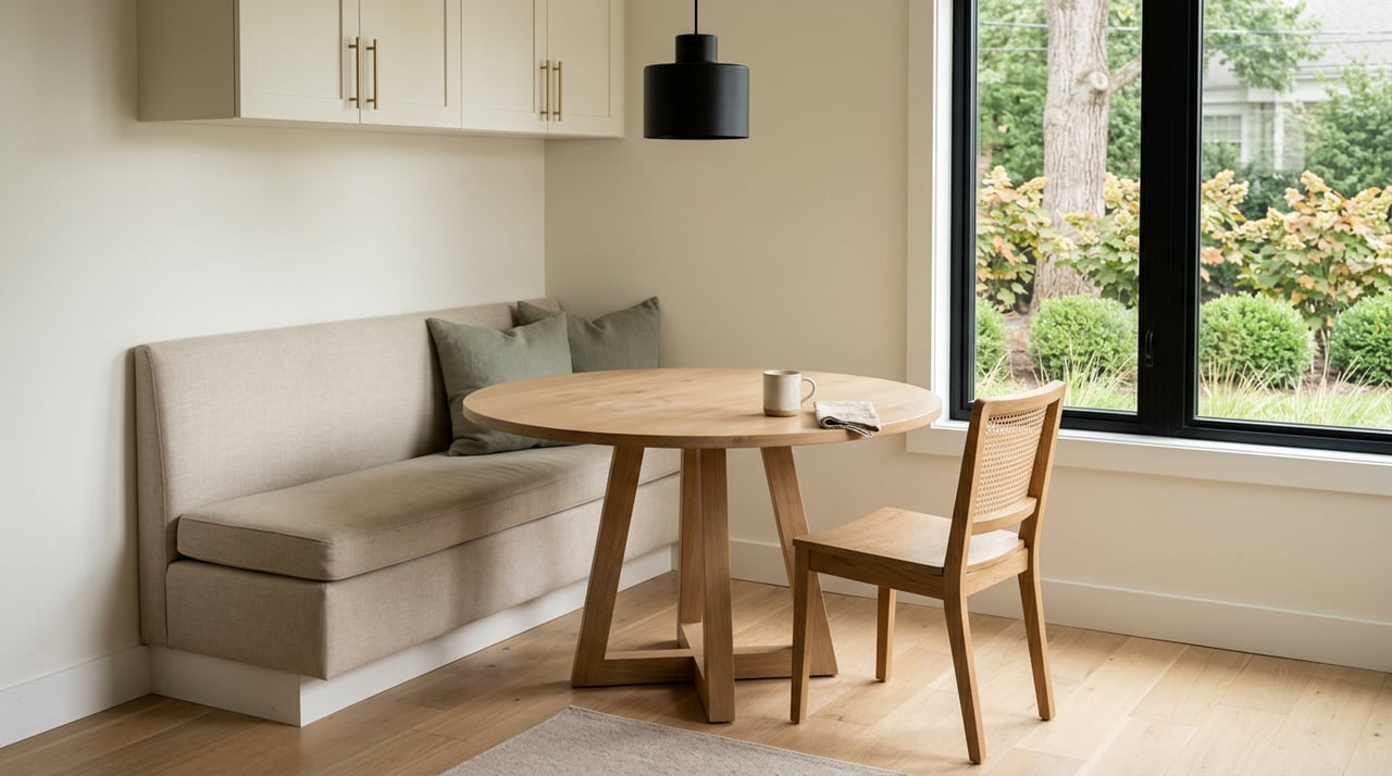 Breakfast nook with a round oak table, caned chair, sage pillows, and black-framed window.