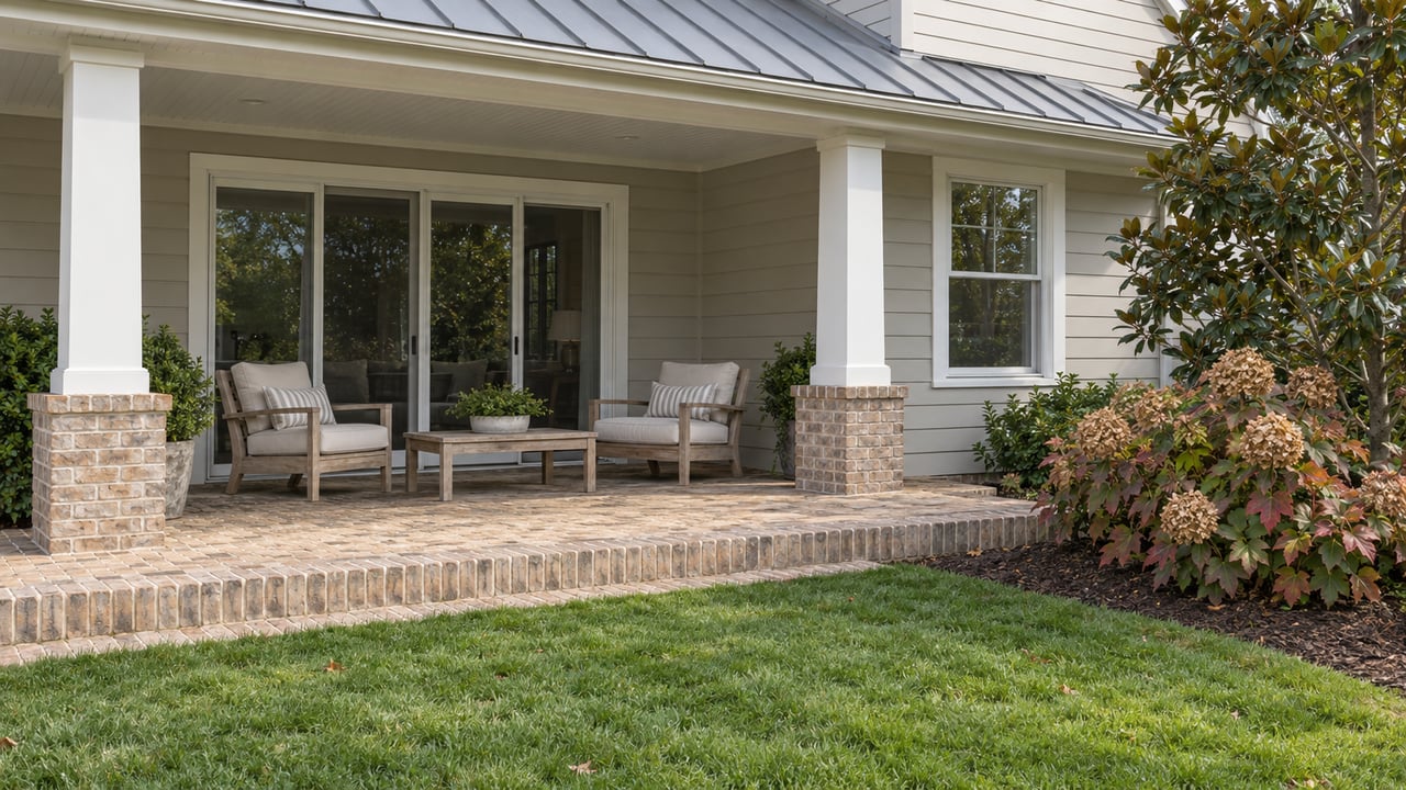 A light-sided home with a covered rear porch, teak chairs, brick terrace and autumn oakleaf hydrangeas.