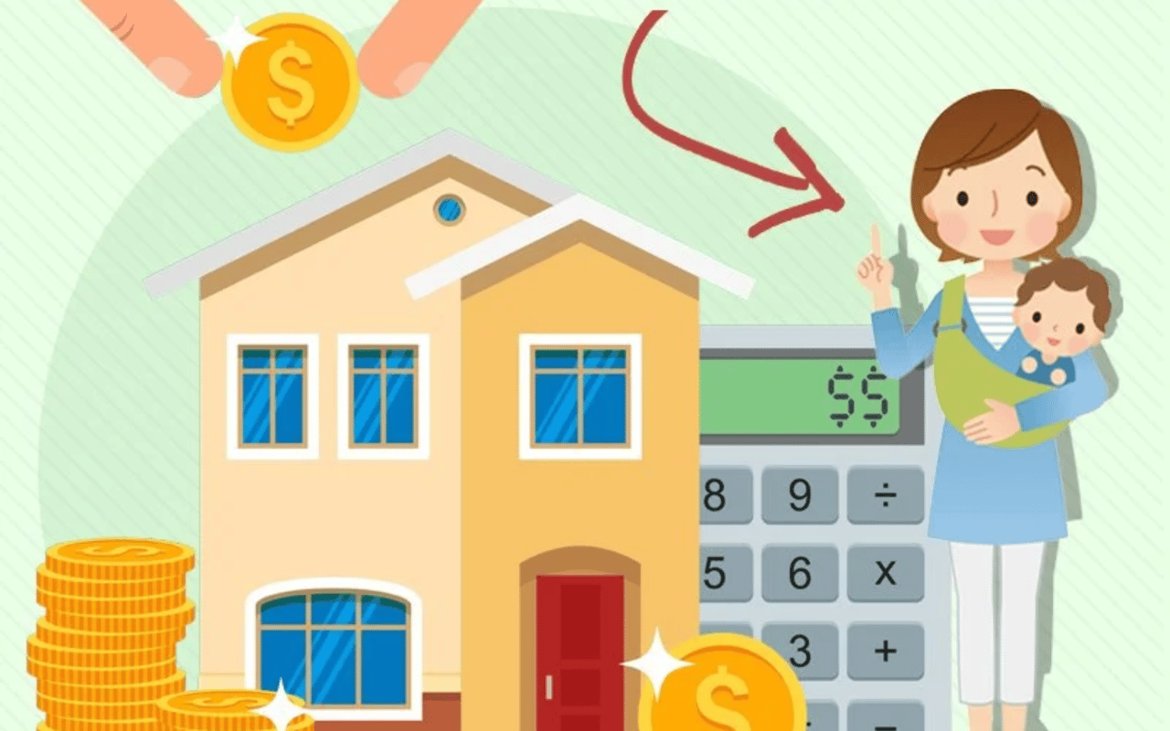 Illustration of a house, coins, calculator, and a mother carrying her child.