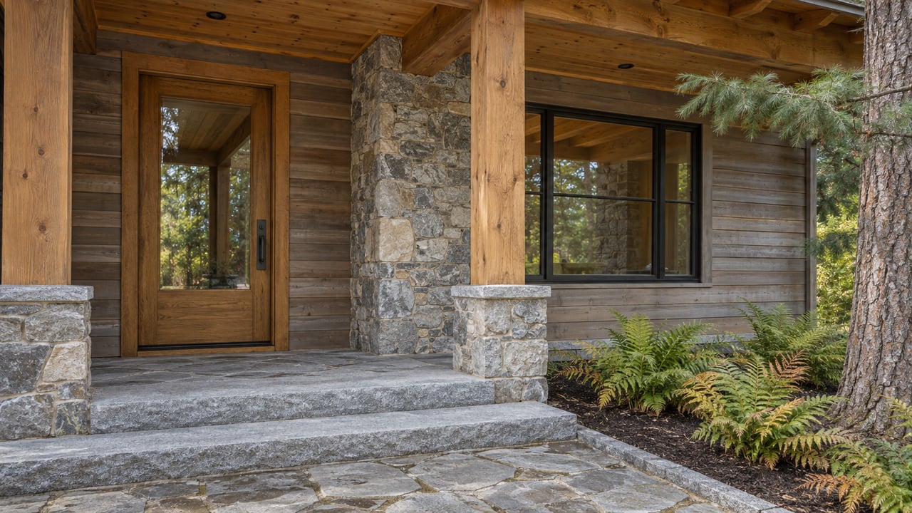 Covered cedar home entry with a glazed oak door, fieldstone pier, granite steps, and autumn woodland ferns.