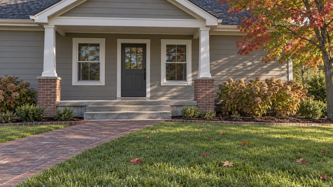 Gray-sided home with a brick walkway leading to a covered front porch.