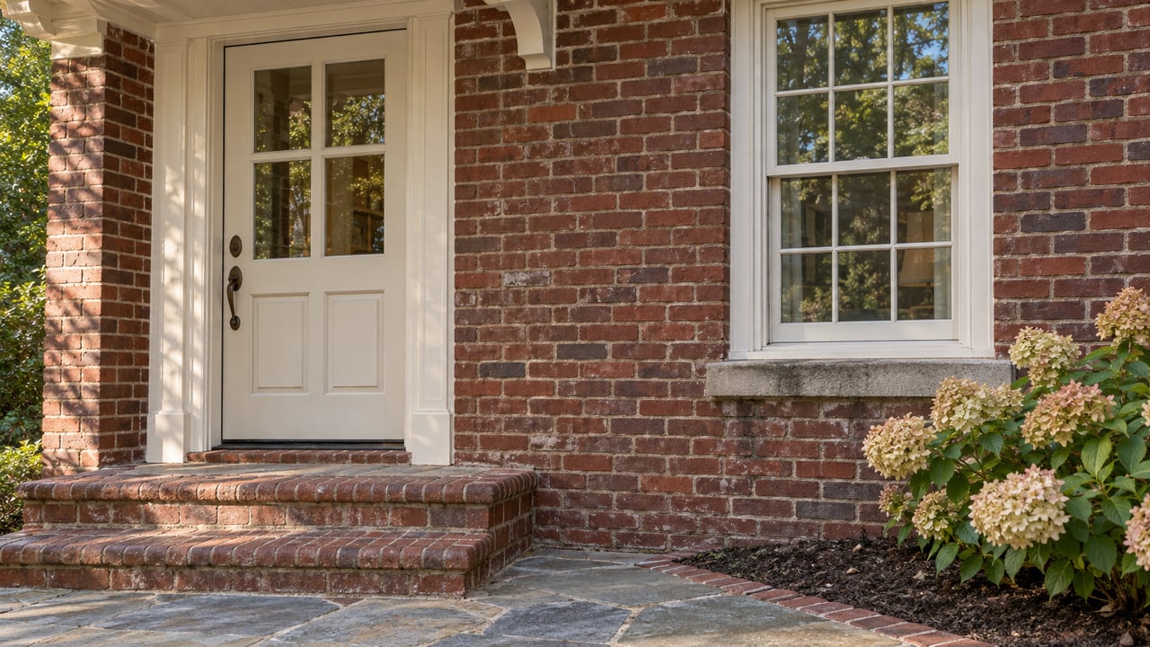 Older brick house entrance with an ivory six-panel door, glazed sash window, worn steps, and fading hydrangea blooms.