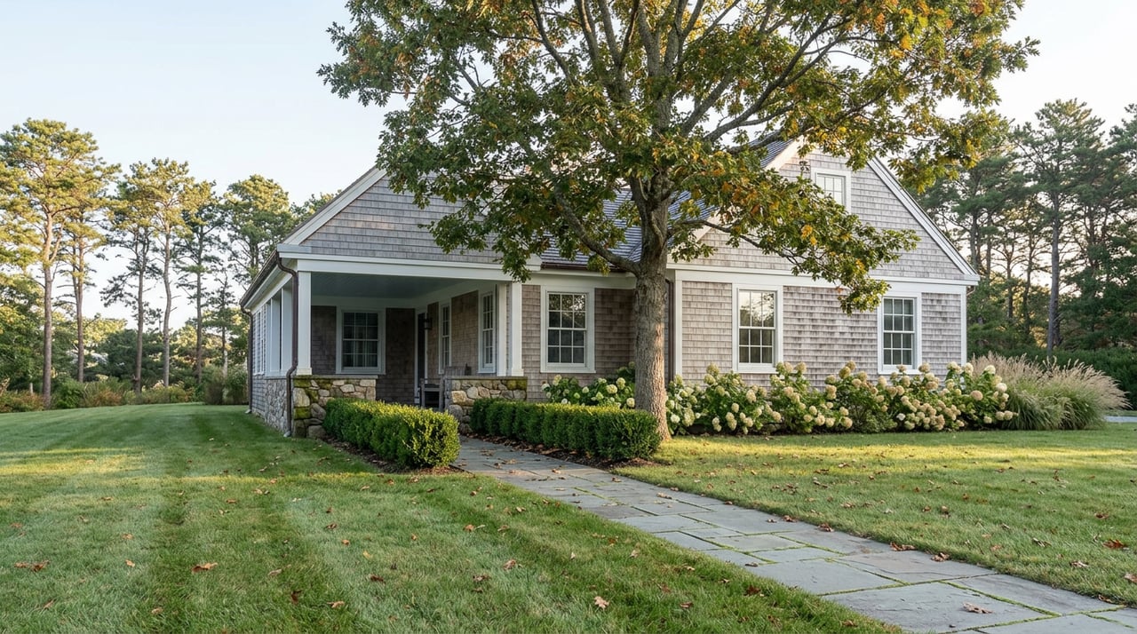 A broad white oak shades a silver-gray shingled home and porch beyond a leaf-scattered lawn and stone path.