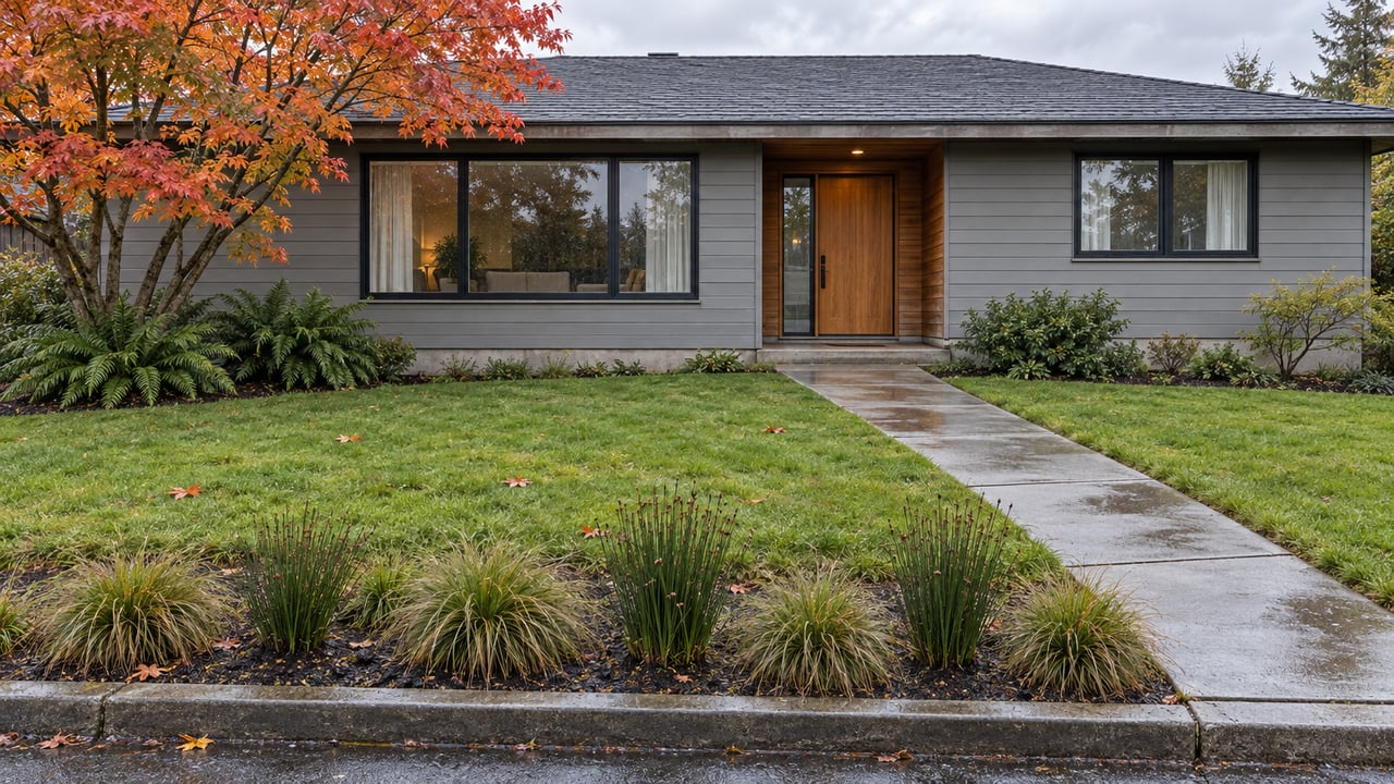 An updated low-roof house behind a deep lawn, with rain-darkened concrete, cedar entry siding and a planted roadside depression beneath an autumn maple.
