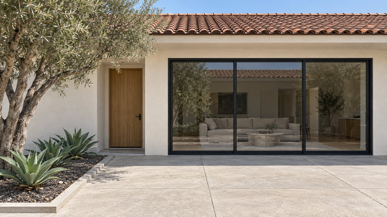 Sunlit ivory stucco home with a clay-tile roof, oak front door, black-framed glazing and an olive tree beside a concrete terrace.