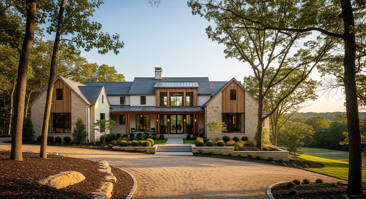 Modern stone-and-wood house with a central glass facade, framed by tall trees and a landscaped driveway.