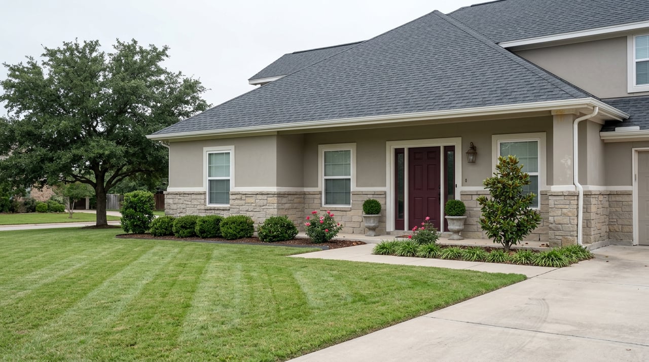 Two-story home with grey stone lower walls, greige siding, burgundy door, and a broad oak tree beside the lawn.