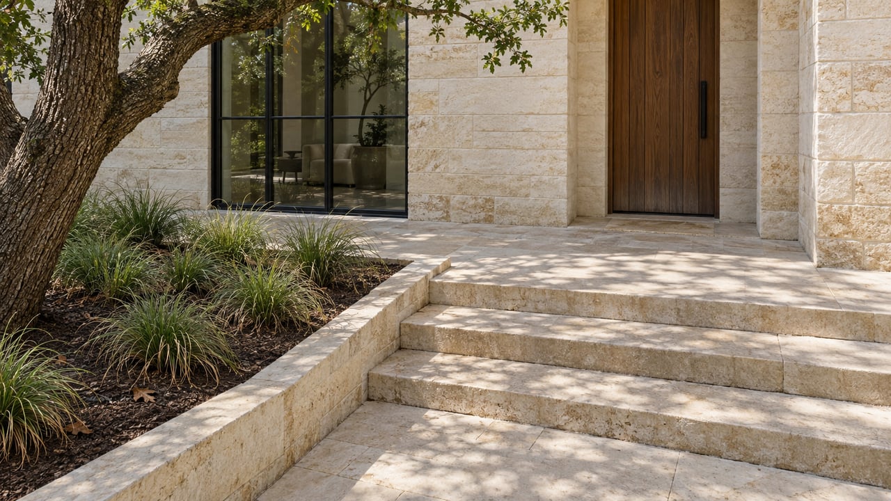 Limestone home entry with a walnut door, steel-framed glazing, broad stone steps and a mature live oak beside a planted bed.
