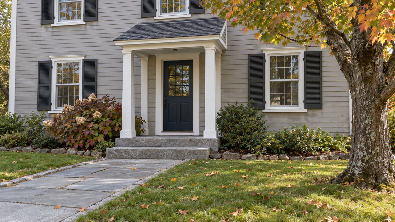 Gray clapboard house with a sheltered blue entry door, granite walk and an amber-leaved maple in an autumn garden.