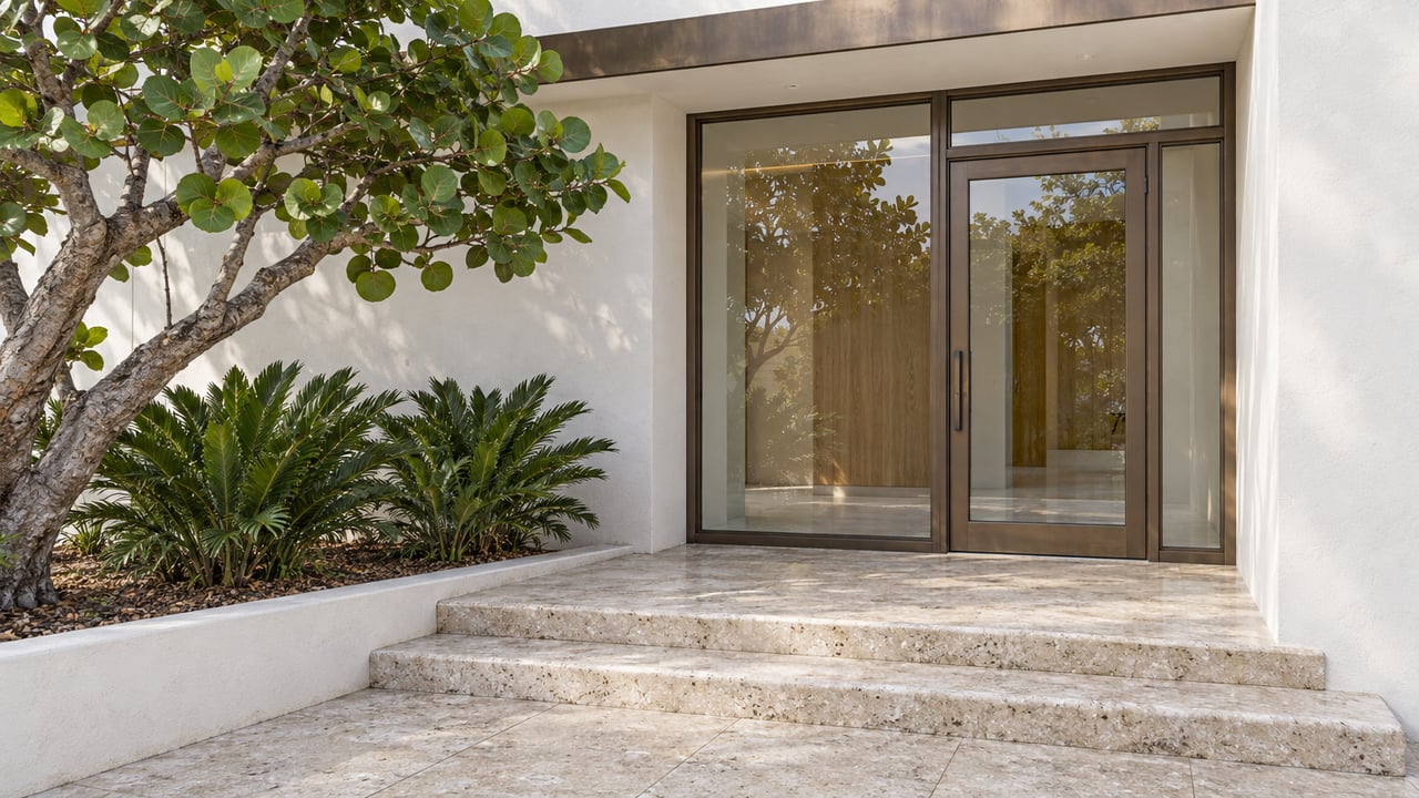 White stucco home entrance with bronze-framed glass, shell-flecked limestone steps and a sculptural sea grape tree.