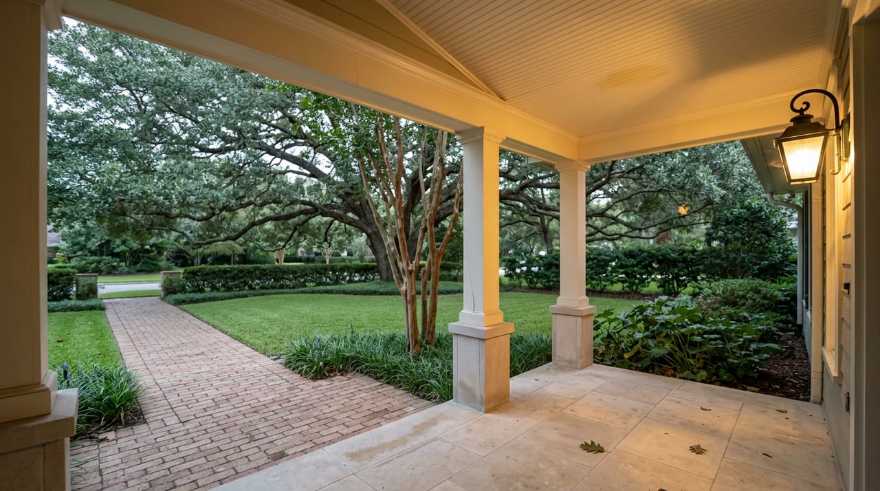 Covered porch with limestone floor, brick walk, lit iron sconce, and oak canopy beyond the lawn.