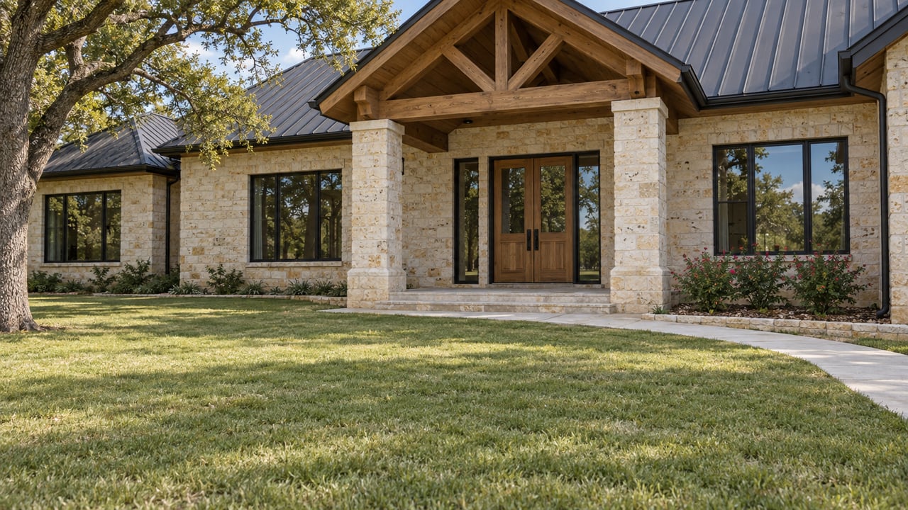 A limestone home with a dark metal roof, timber porch and broad lawn in clear afternoon light.