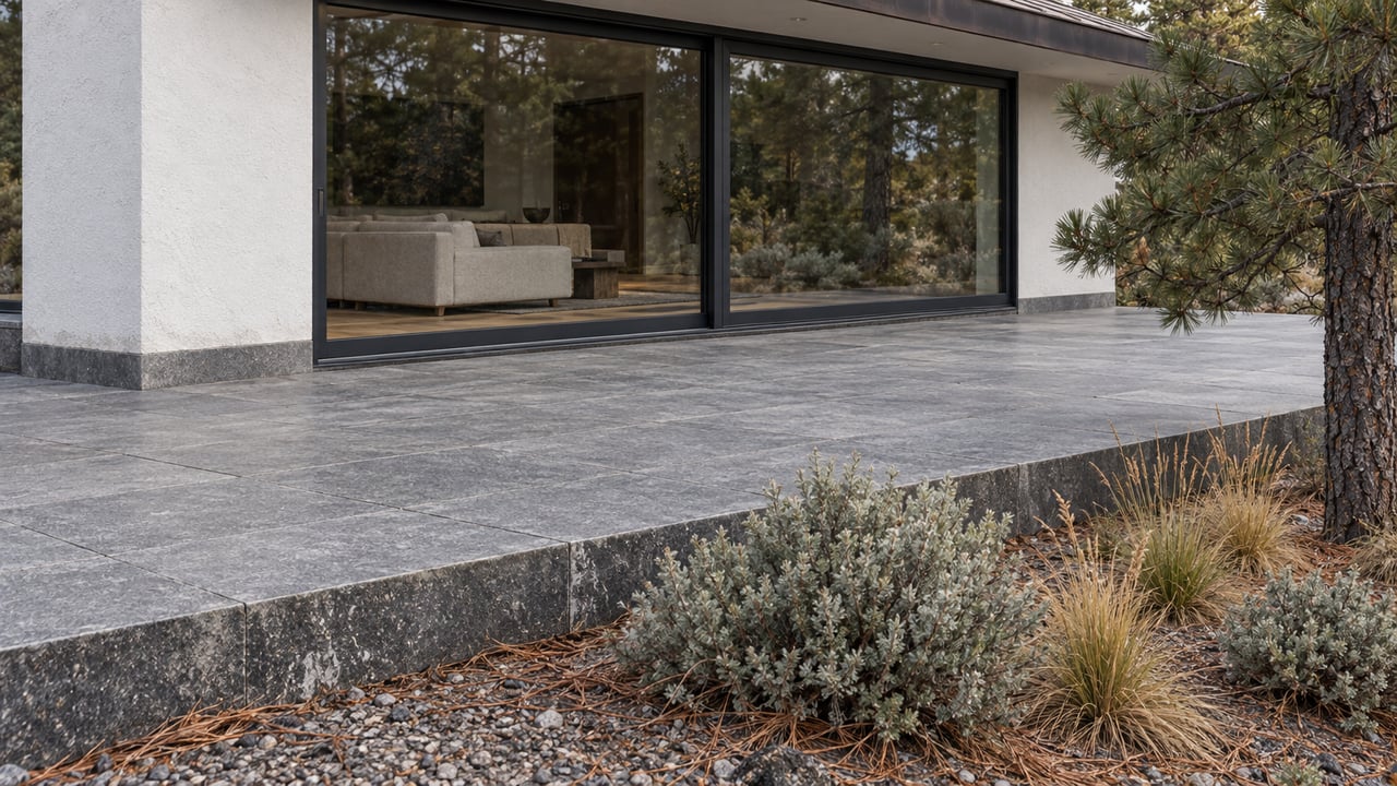 White stucco retreat with black-framed glass doors and a gray basalt terrace bordered by sagebrush, Idaho fescue and a lodgepole pine.