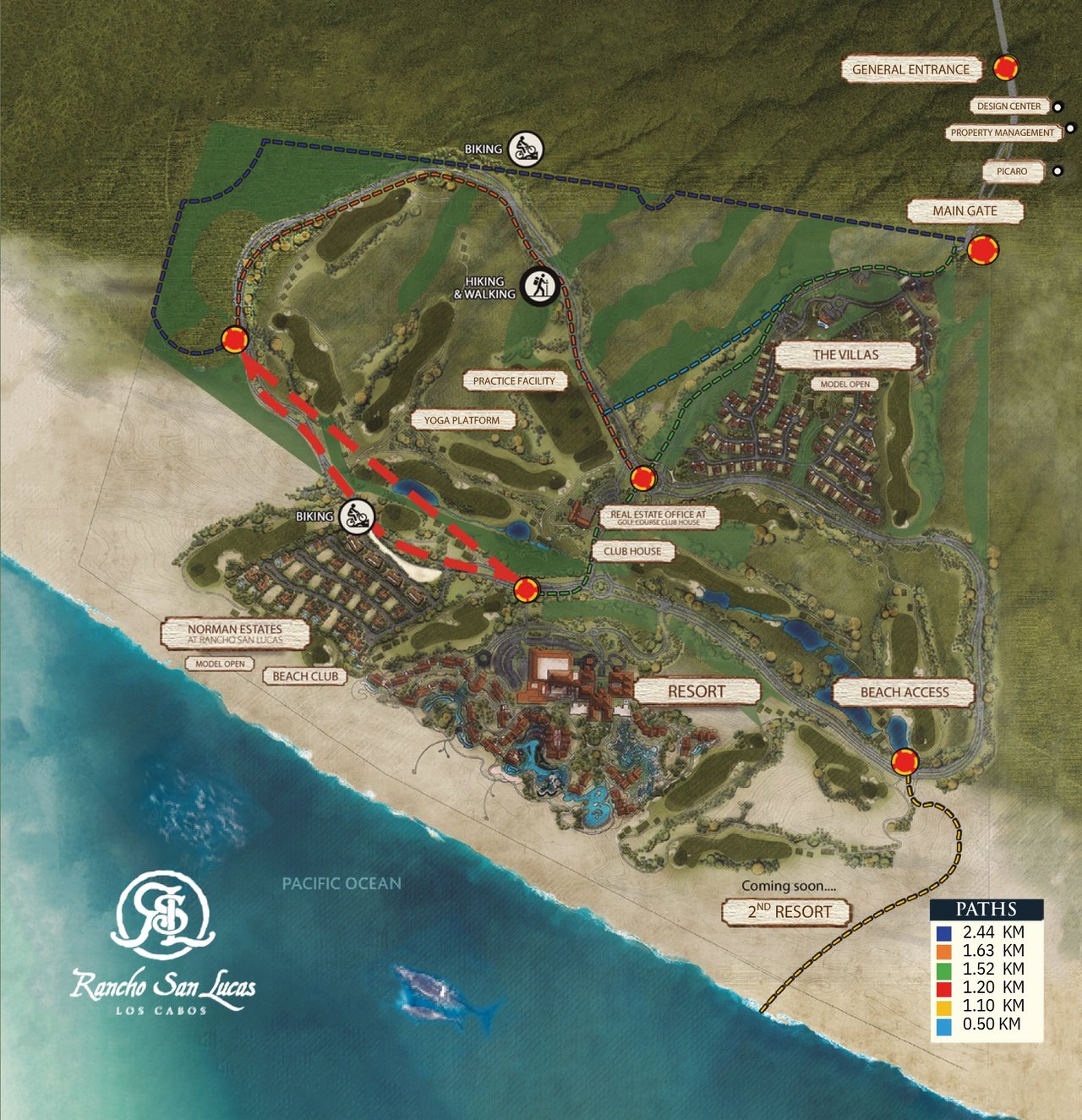 Rancho San Lucas site map showing neighborhoods, resort amenities, beach access, and walking and biking paths.