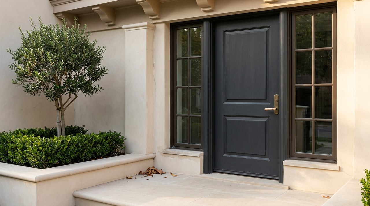 Charcoal paneled entry door with bronze-framed sidelights, beside a planter with an olive tree and clipped boxwood.