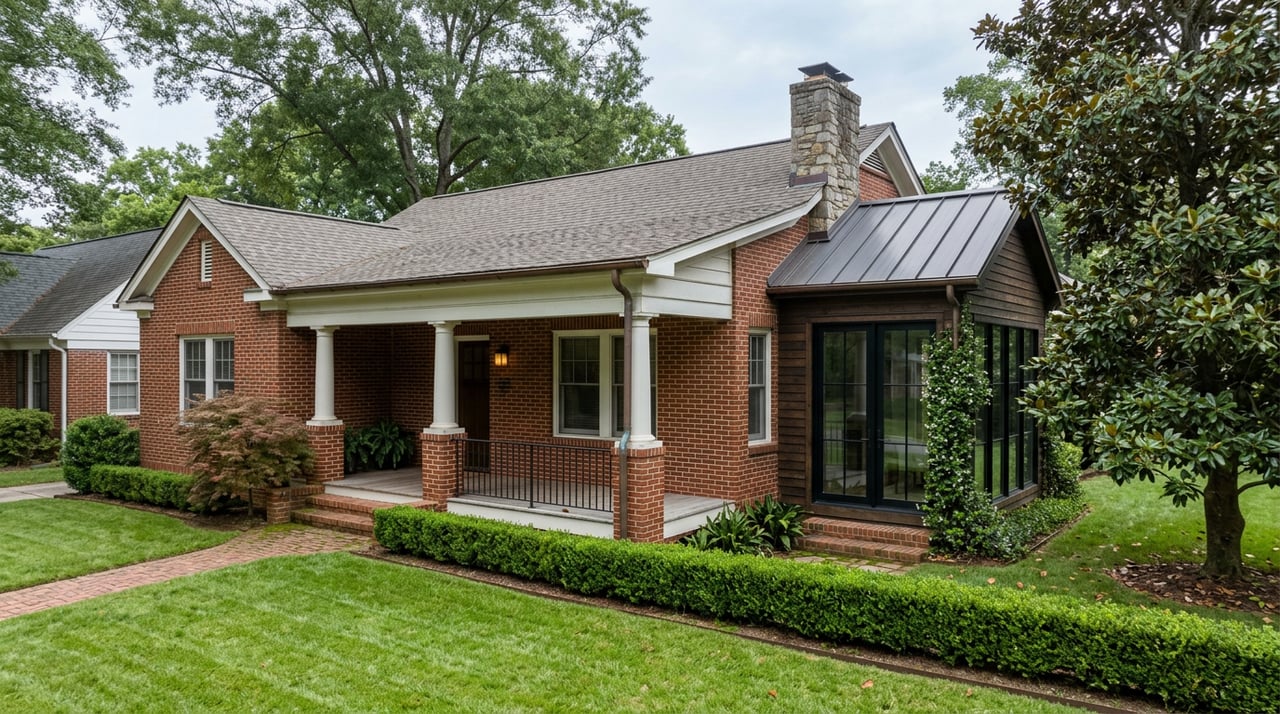 Brick craftsman bungalow with a dark cedar-and-glass addition, mature magnolia, and a brick walkway across the lawn.