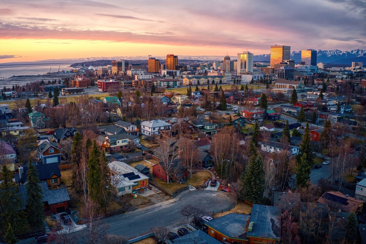 Anchorage Skyline with Delaney Park and Cook Inlet bordering South Addition Anchorage in spring 2026