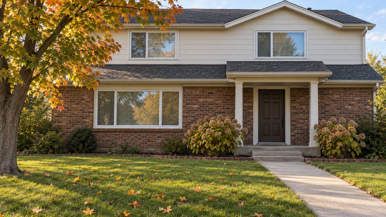 Two-story brick-and-siding house with a covered entry, autumn tree, and front lawn.