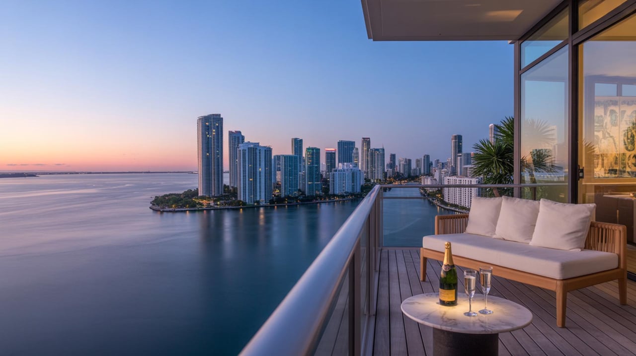 Waterfront apartment balcony with lounge seating overlooking a high-rise skyline at sunset.