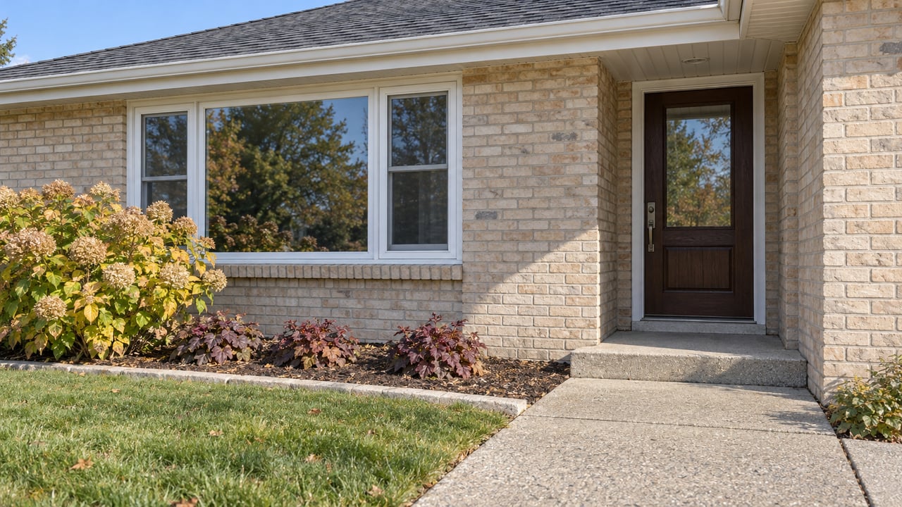 Sunlit buff-brick ranch facade with a broad white-framed window, recessed oak entry and drying hydrangea flowers beside a concrete walk.
