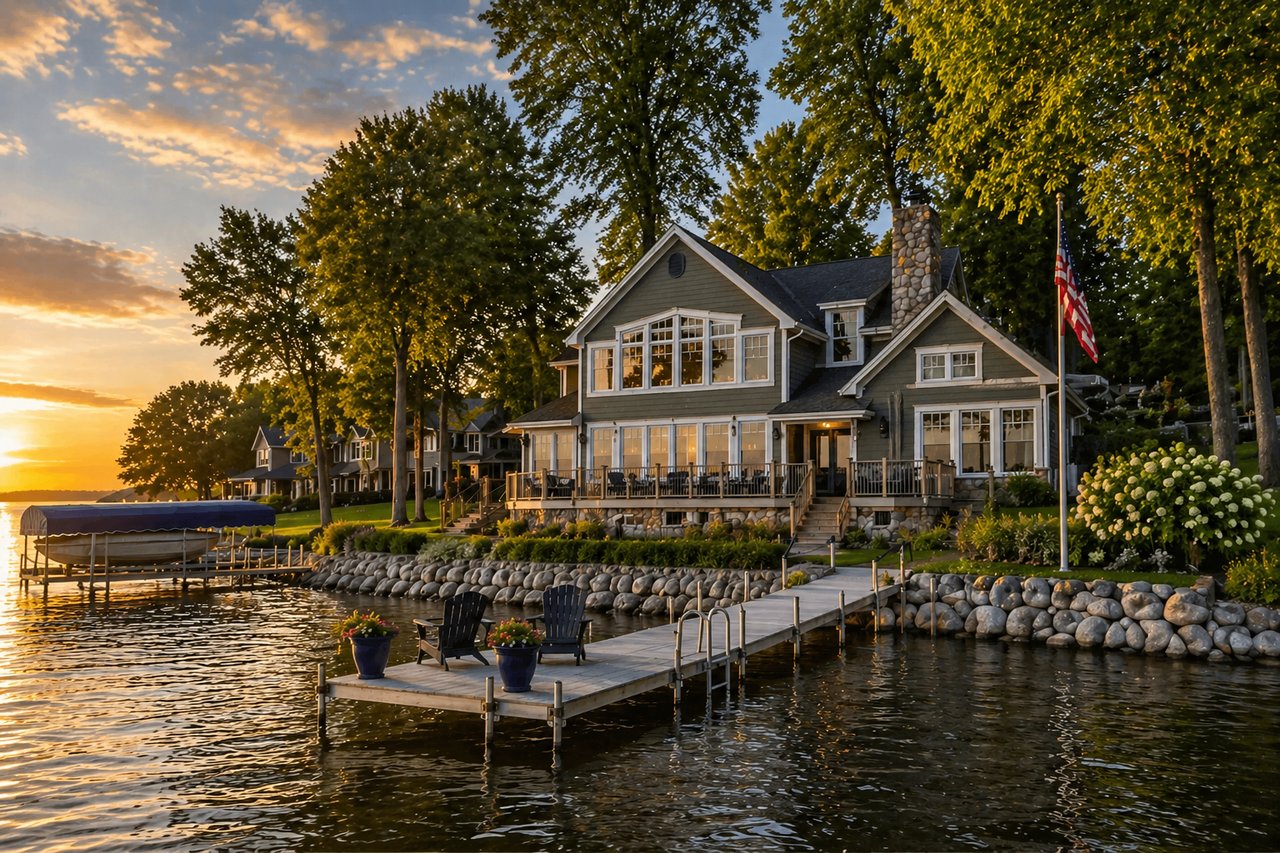 Lakefront house with a broad deck and dock extending over the water at sunset.