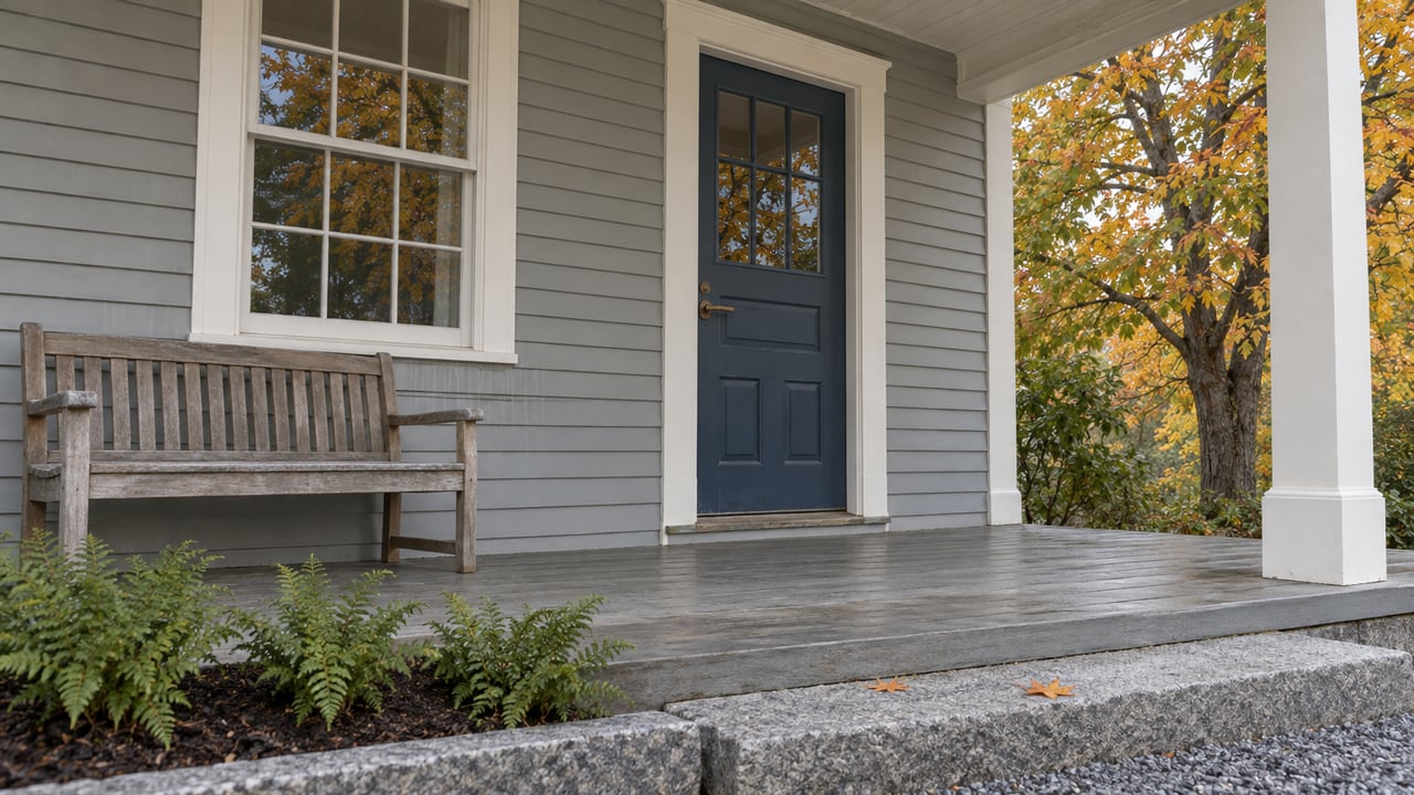 Covered front porch with gray clapboard siding, a navy glazed door, an oak bench, and autumn maple leaves beside a granite step.