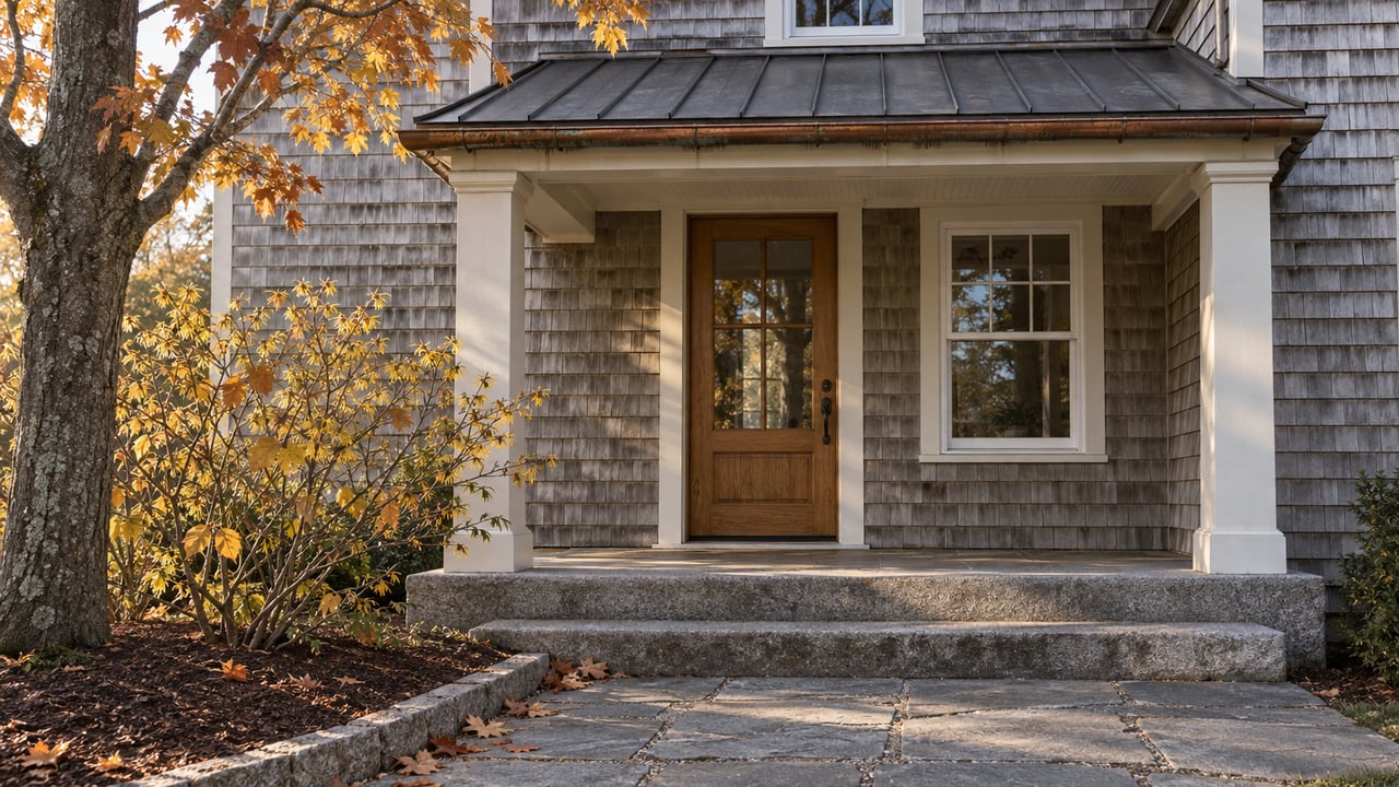 Silvered cedar-shingle home with an oak entry door, granite steps and sparse amber maple leaves in late-autumn light.