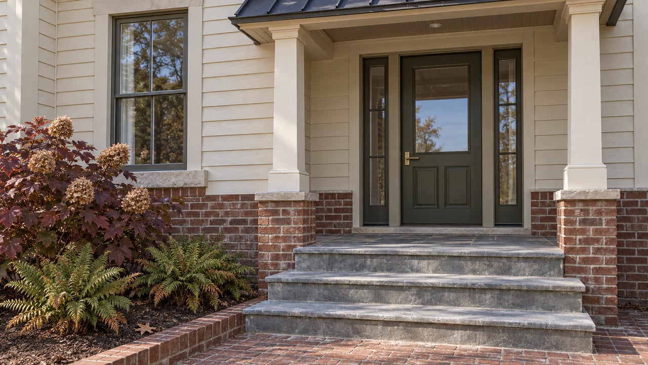 Ivory clapboard and red-brown brick townhouse entrance with an olive door, bluestone steps, and autumn oakleaf hydrangea.