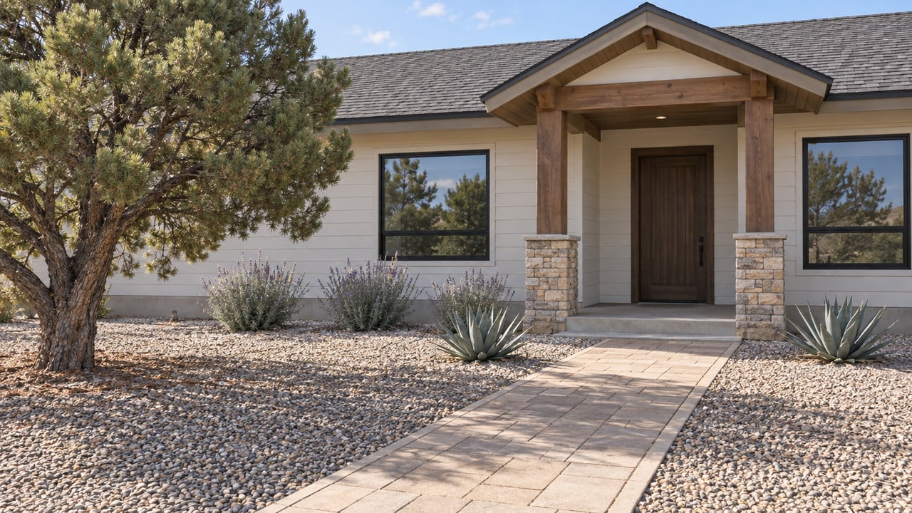 Single-story home with pale siding, stone porch piers and a paver walk through a gravel yard planted with pinyon pine, desert sage and agaves.