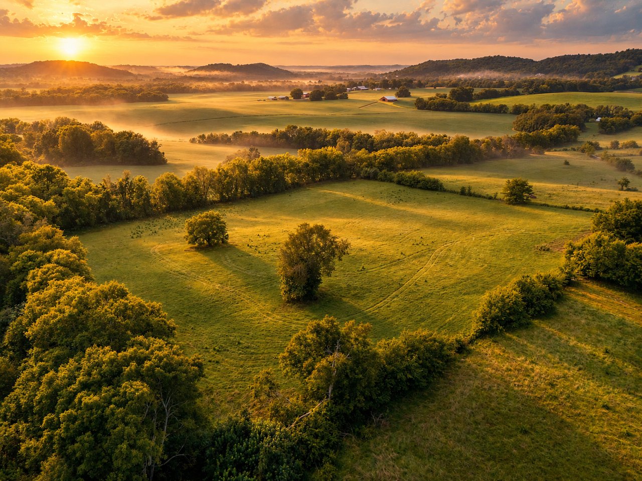 Aerial view of rolling fields and wooded estate land at sunset, with distant homes and hills.
