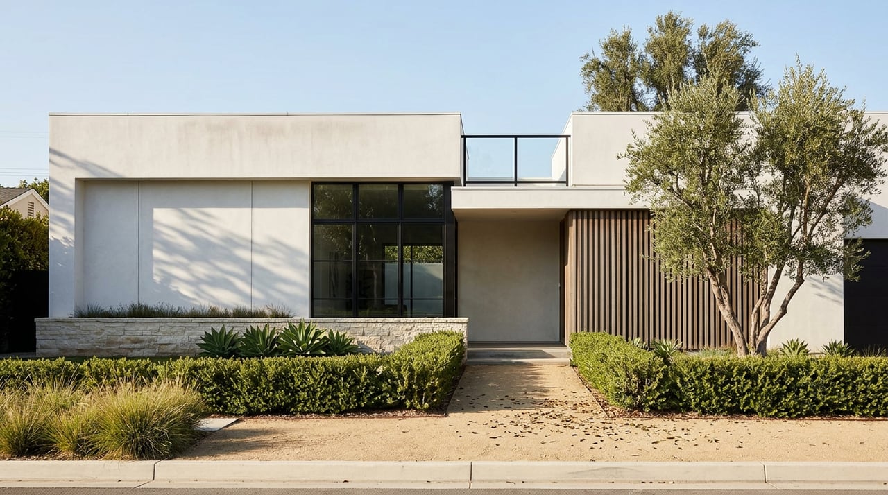 Modern flat-roof home with white stucco, black-framed windows, cedar slat entry, and an olive tree.