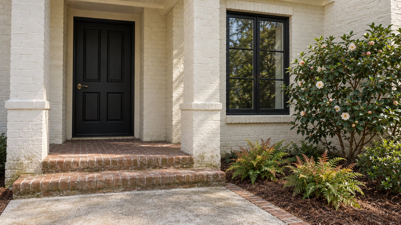 Ivory painted-brick home entry with a black door, divided-light window, worn brick steps and a camellia beside copper-tipped ferns.