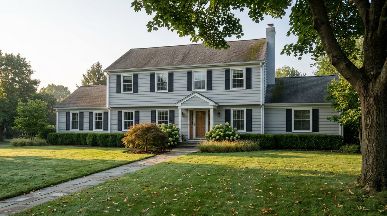 Two-story gray colonial with black shutters, a mature maple, and a bluestone walkway crossing the lawn.
