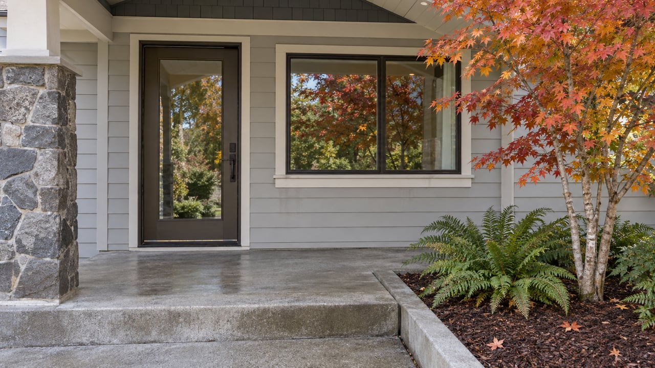 Covered home entry with pale gray siding, a basalt porch pier, dark-framed glazing and a vine maple in autumn color.
